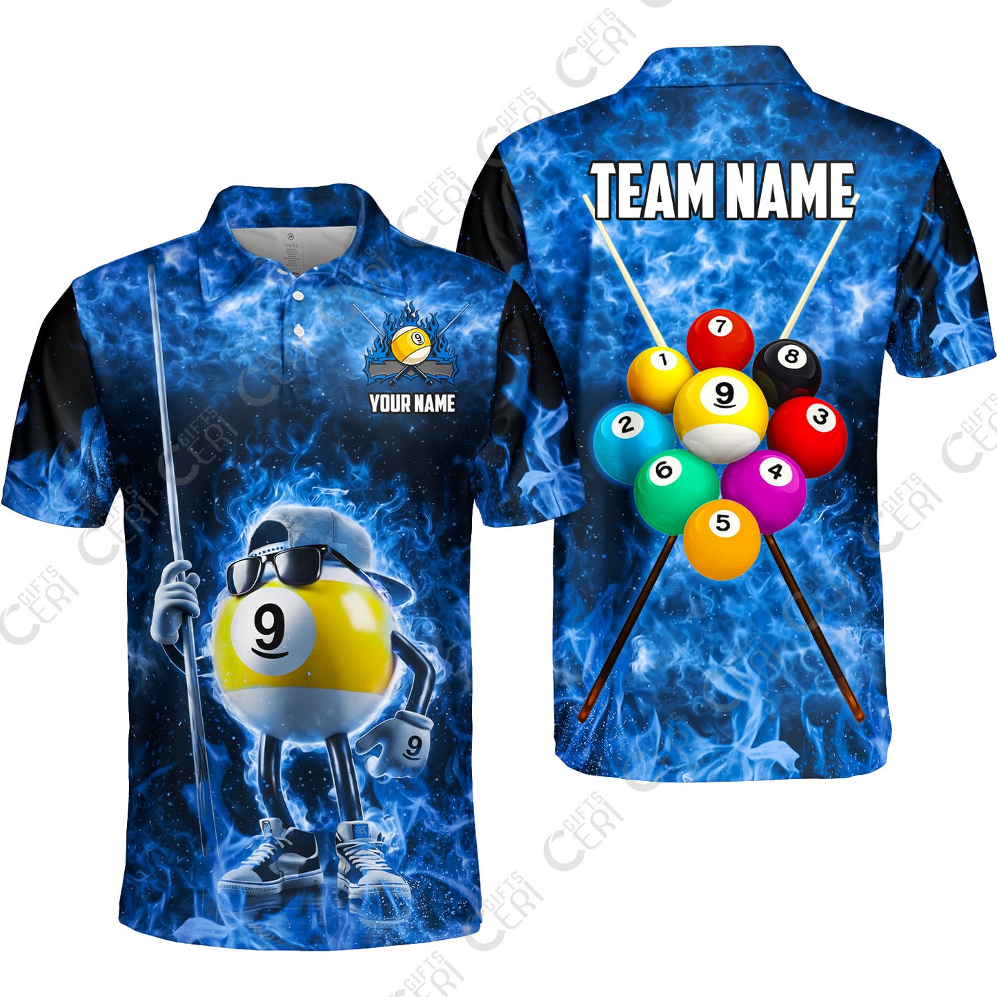 Customized 9 Ball Pool Unisex Polo Shirt, 9-Ball Wearing Cap And Sunglasses Flaming Burn, Billiard Jerseys