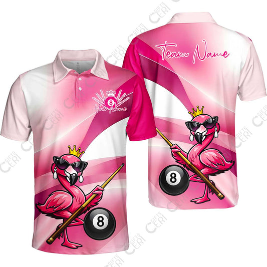 Customized 8 Ball Pool Unisex Polo Shirt, Pink Flamingo Billiards 8-Ball, Personalized Billiards Jersey