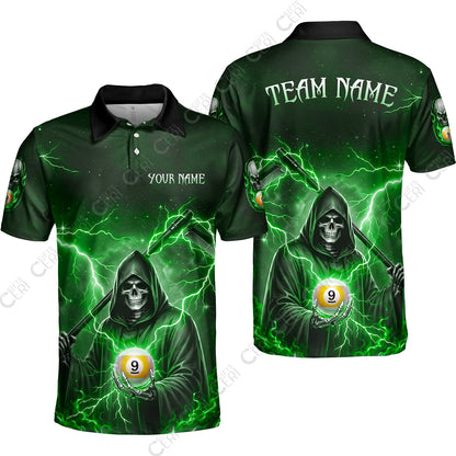 Customized 9 Ball Pool Unisex Polo Shirt, Lightning And Flame Grim Reaper With 9 Ball, Personalized Billiards Jersey