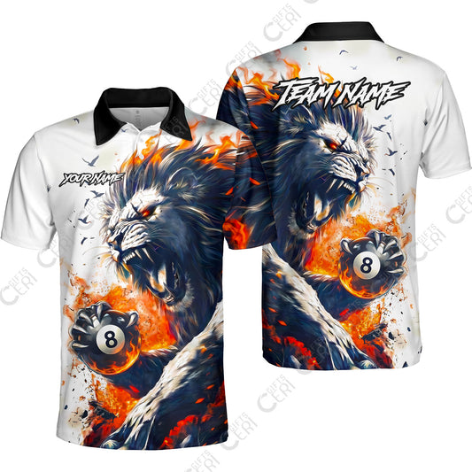 Customized 8 Ball Pool Unisex Polo Shirt, Lion Fire Lava 8-Ball, Personalized Billiards Jersey