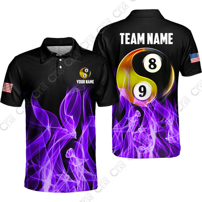 Customized Billiard Unisex Polo Shirt, Billiard 8-Ball And 9-Ball Yin-Yang Flame, Billiard Jerseys