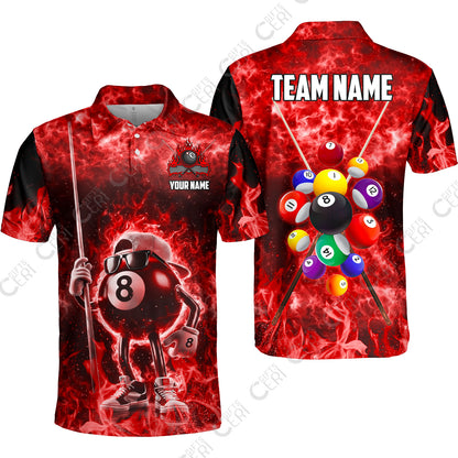 Customized 8 Ball Pool Unisex Polo Shirt, 8-Ball Wearing Cap And Sunglasses Flaming Burn, Billiard Jerseys