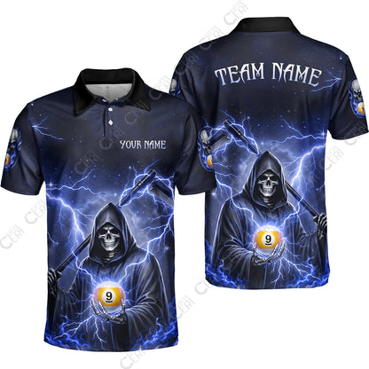 Customized 9 Ball Pool Unisex Polo Shirt, Lightning And Flame Grim Reaper With 9 Ball, Personalized Billiards Jersey