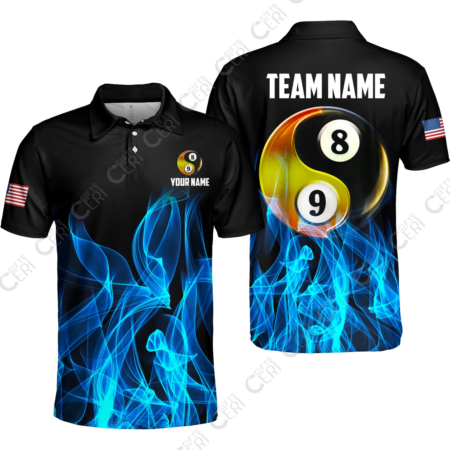 Customized Billiard Unisex Polo Shirt, Billiard 8-Ball And 9-Ball Yin-Yang Flame, Billiard Jerseys