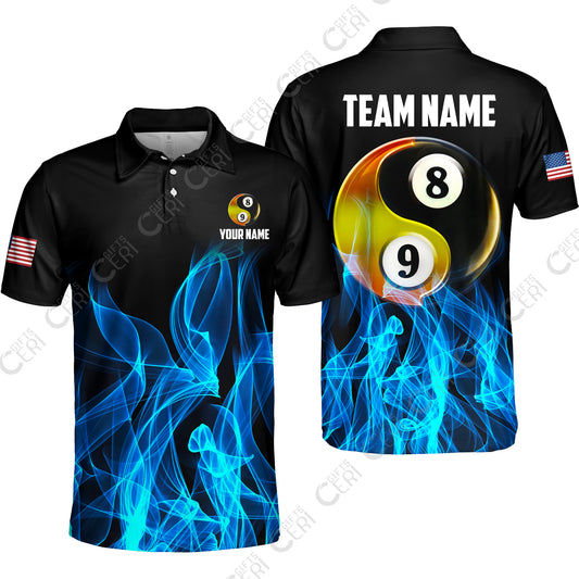 Customized Billiard Unisex Polo Shirt, Billiard 8-Ball And 9-Ball Yin-Yang Flame, Billiard Jerseys
