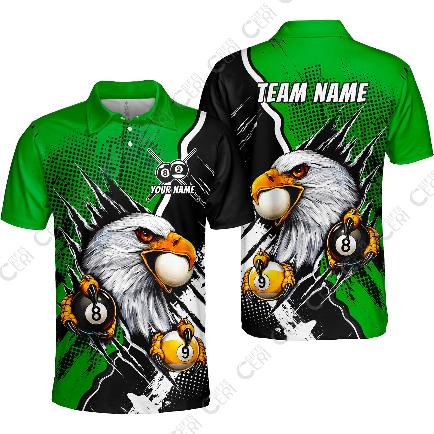 Customized Billiards Unisex Polo Shirt, 8 & 9 Ball Billiard Eagle Comic Dot Halftone Background Color, Billiards Jerseys