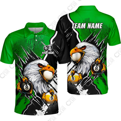 Customized Billiards Unisex Polo Shirt, 8 & 9 Ball Billiard Eagle Comic Dot Halftone Background Color, Billiards Jerseys