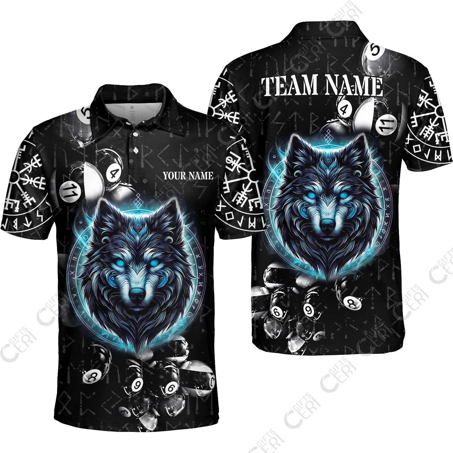 Customized Billiards Unisex Polo Shirt, Wolf Runic Viking Black Grunge Alphabet, Billiards Jerseys