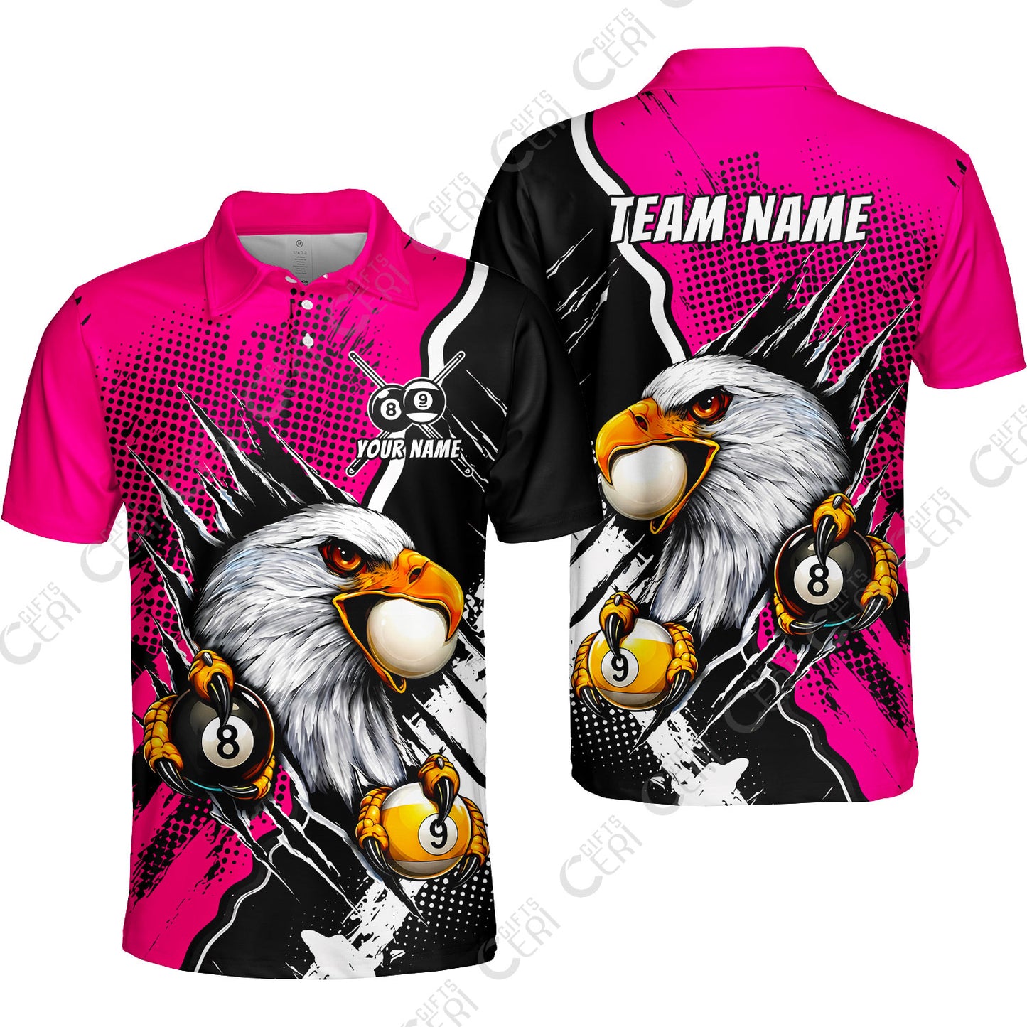 Customized Billiards Unisex Polo Shirt, 8 & 9 Ball Billiard Eagle Comic Dot Halftone Background Color, Billiards Jerseys