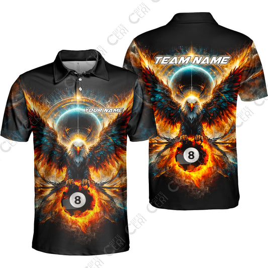 Customized 8 Ball Pool Unisex Polo Shirt, Billiard Phantom 8-Ball Flame Eagle, Billiards Jerseys