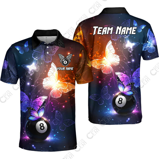Customized 8 Ball Pool Unisex Polo Shirt, Billiard Butterfly Sparkle 8-Ball, Personalized Billiards Jersey