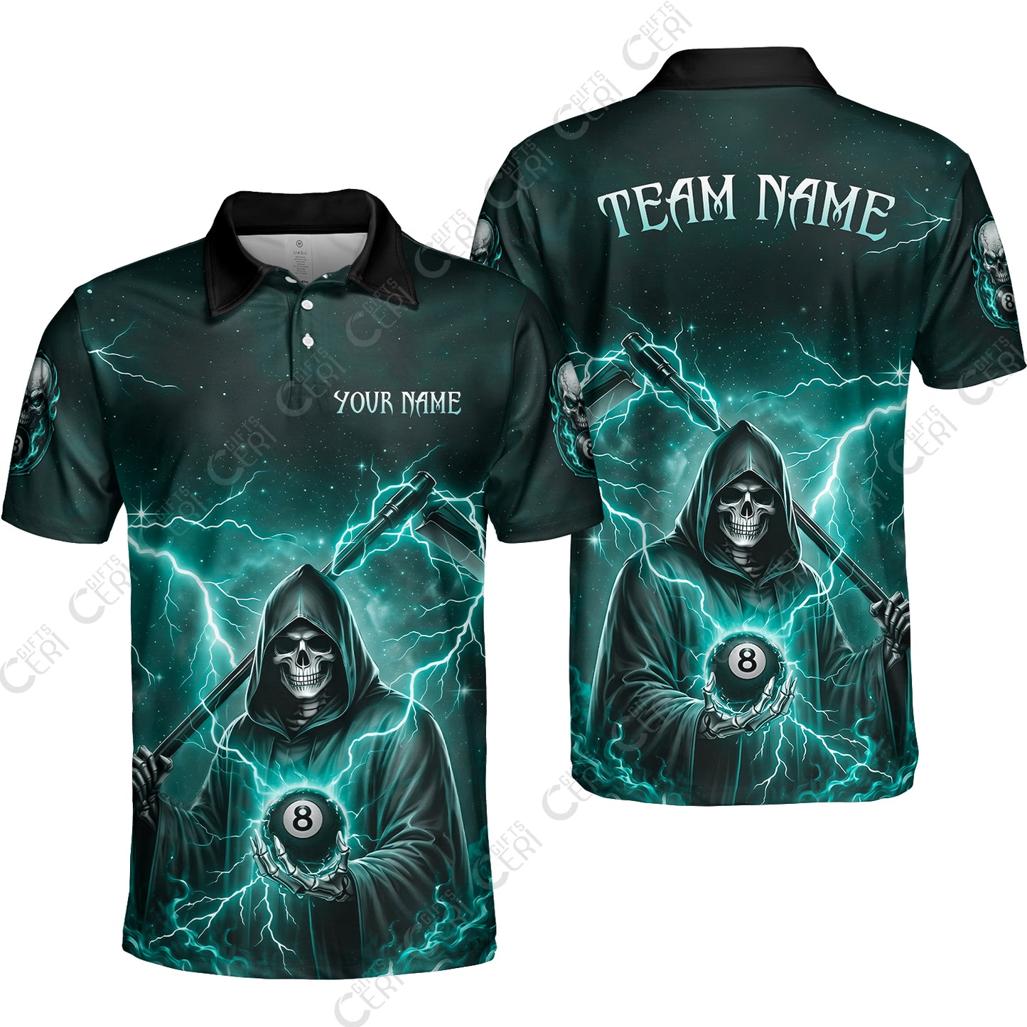 Customized 8 Ball Pool Unisex Polo Shirt, Lightning And Flame Grim Reaper With 8 Ball, Personalized Billiards Jersey