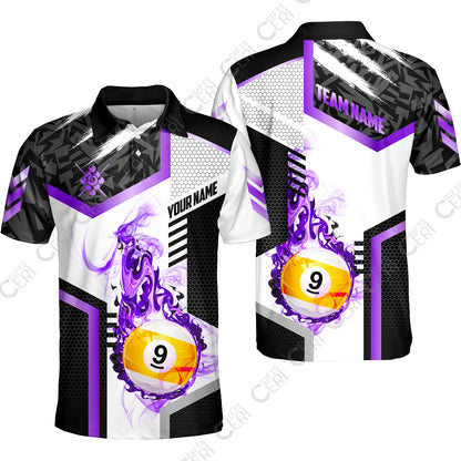 Customized 9 Ball Pool Unisex Polo Shirt, Flaming 9-Ball Graphic, Billiards Jersey