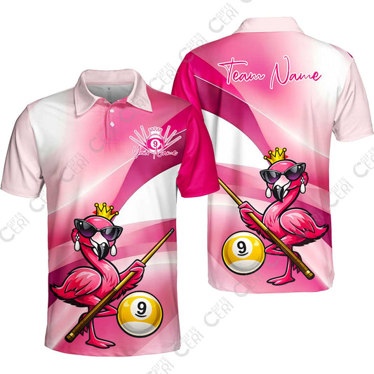 Customized 9 Ball Pool Unisex Polo Shirt, Pink Flamingo Billiards 9-Ball, Personalized Billiards Jersey