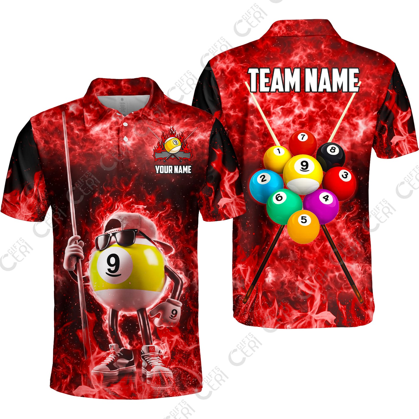 Customized 9 Ball Pool Unisex Polo Shirt, 9-Ball Wearing Cap And Sunglasses Flaming Burn, Billiard Jerseys