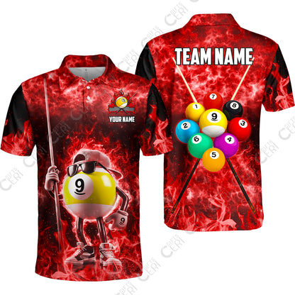 Customized 9 Ball Pool Unisex Polo Shirt, 9-Ball Wearing Cap And Sunglasses Flaming Burn, Billiard Jerseys