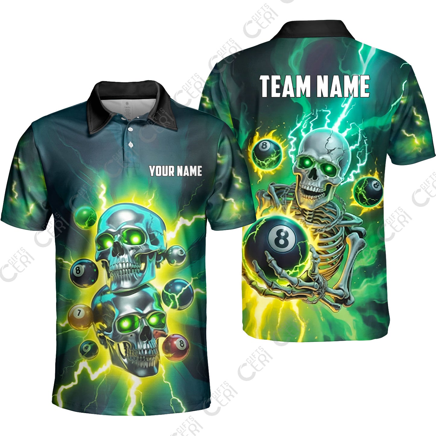 Customized 8 Ball Pool Unisex Polo Shirt, Billiards 8-Ball Thunder Skull, Billiards Jerseys