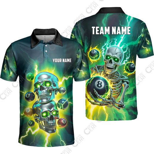 Customized 8 Ball Pool Unisex Polo Shirt, Billiards 8-Ball Thunder Skull, Billiards Jerseys