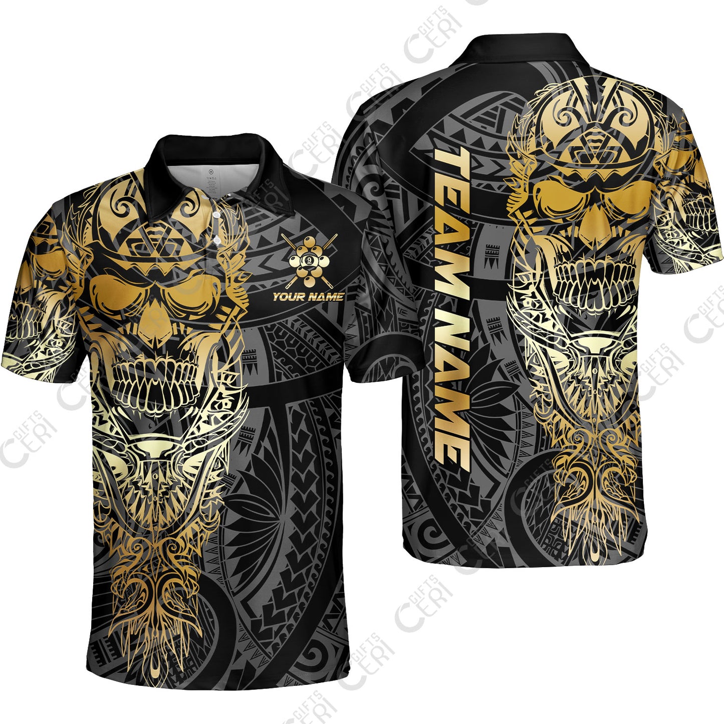 Customized 9 Ball Pool Unisex Polo Shirt, 9-Ball Billiard Ethnic Tribal Style Pattern, Billiards Jerseys