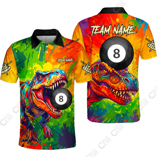 Customized 8 Ball Pool Unisex Polo Shirt, Dinosaur Colorful Splash Paint Billiard 8-Ball, Personalized Billiards Jersey