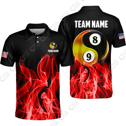 Customized Billiard Unisex Polo Shirt, Billiard 8-Ball And 9-Ball Yin-Yang Flame, Billiard Jerseys