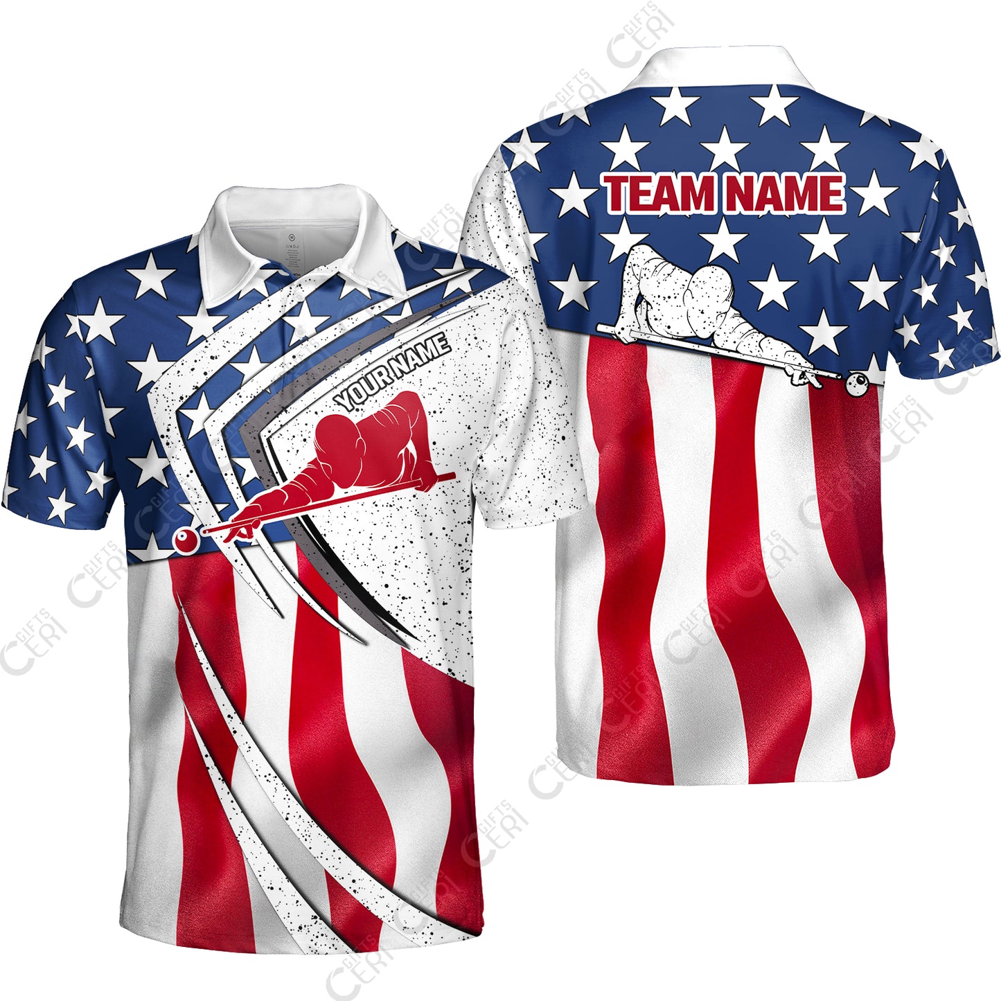 Customized Billiards Unisex Polo Shirt, Billiards Player Silhouette With American Flag, Billiards Jerseys