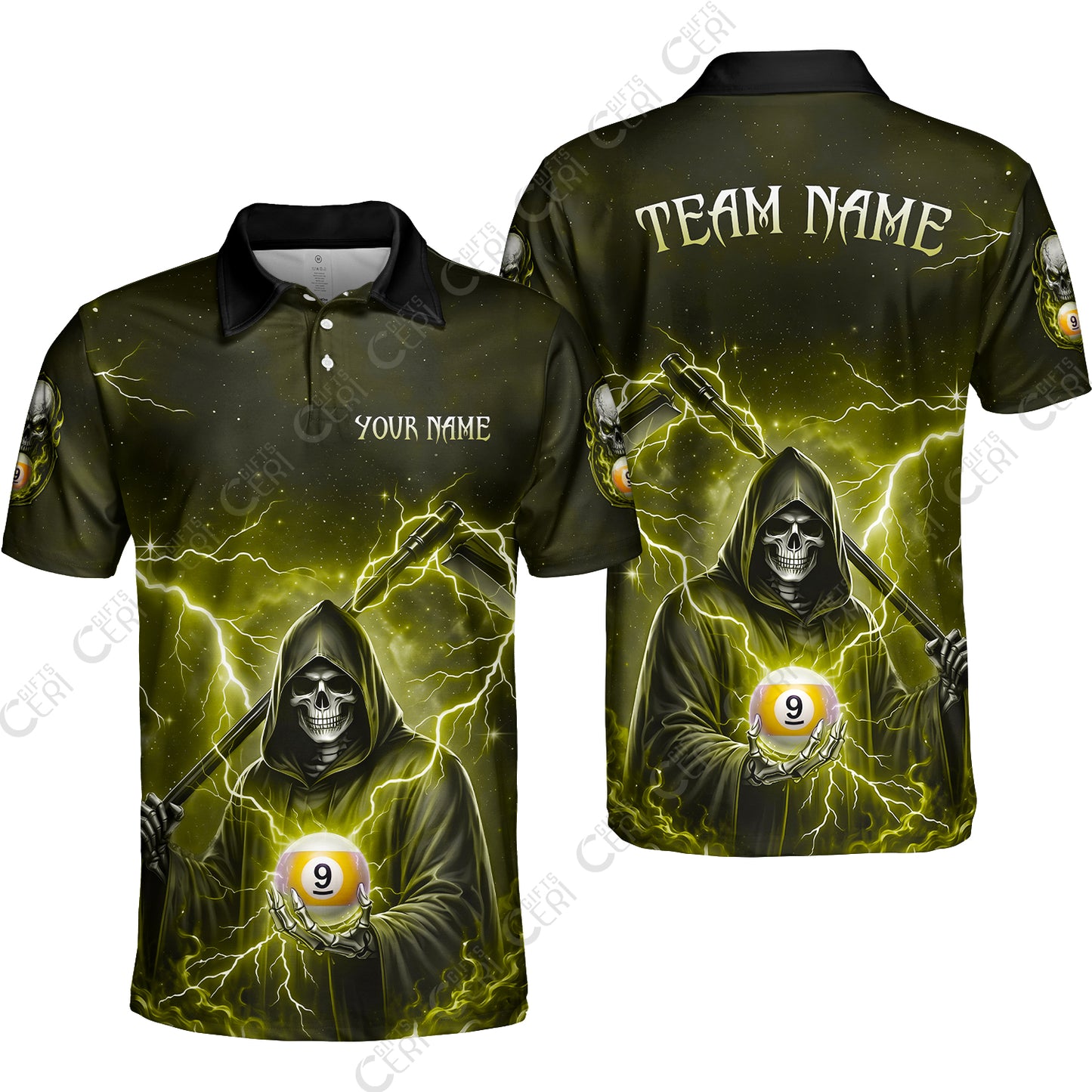 Customized 9 Ball Pool Unisex Polo Shirt, Lightning And Flame Grim Reaper With 9 Ball, Personalized Billiards Jersey