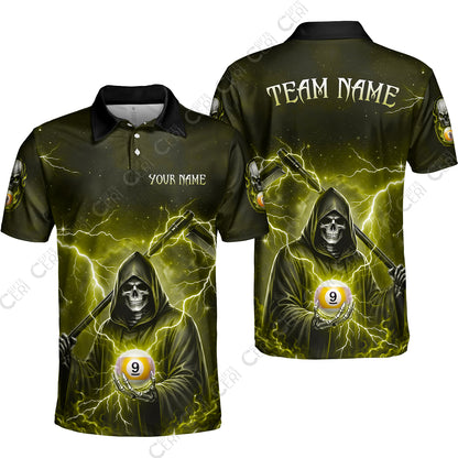 Customized 9 Ball Pool Unisex Polo Shirt, Lightning And Flame Grim Reaper With 9 Ball, Personalized Billiards Jersey