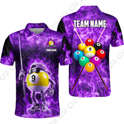 Customized 9 Ball Pool Unisex Polo Shirt, 9-Ball Wearing Cap And Sunglasses Flaming Burn, Billiard Jerseys