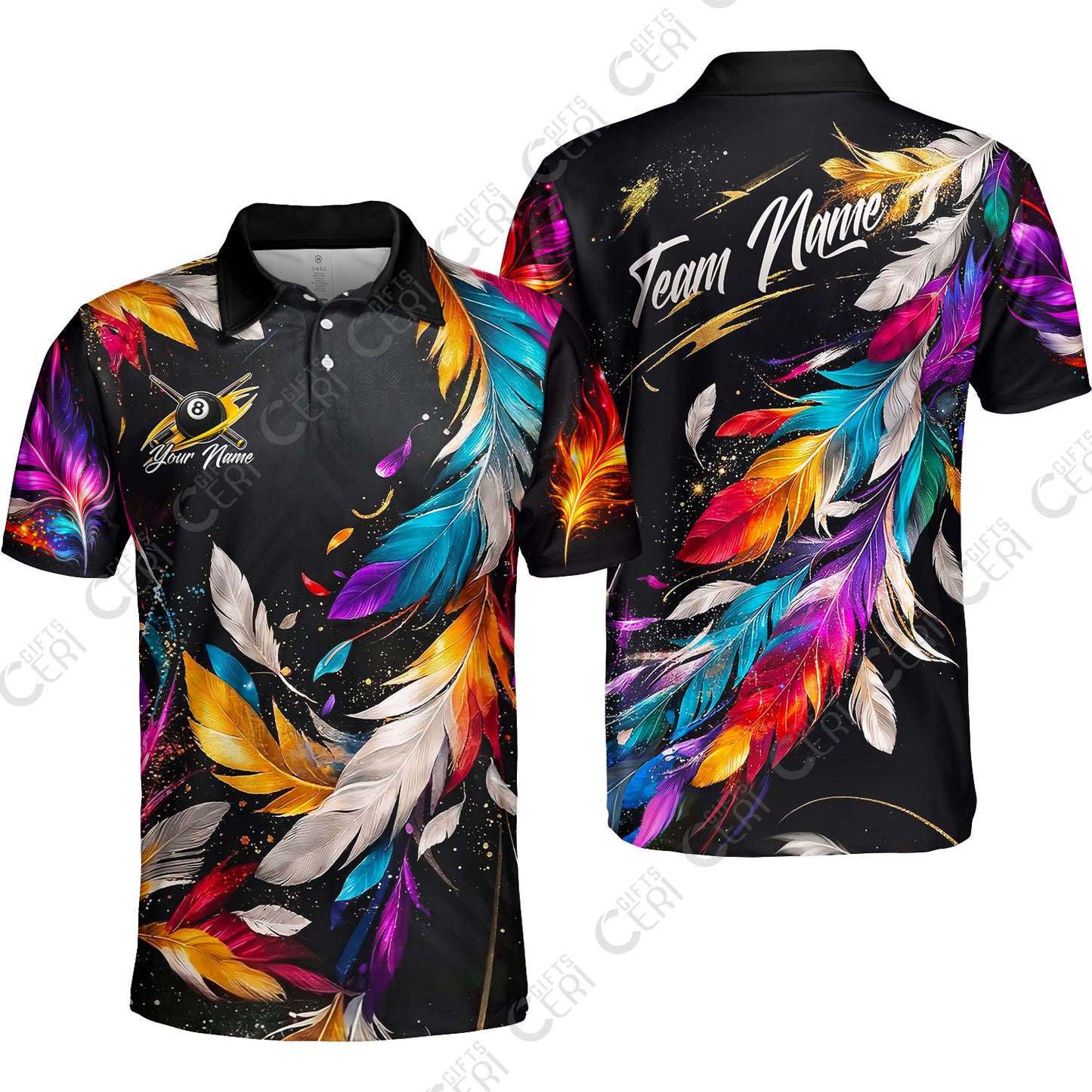 Customized 8 Ball Pool Unisex Polo Shirt, Feather Splash Billiard 8-Ball, Personalized Billiards Jersey