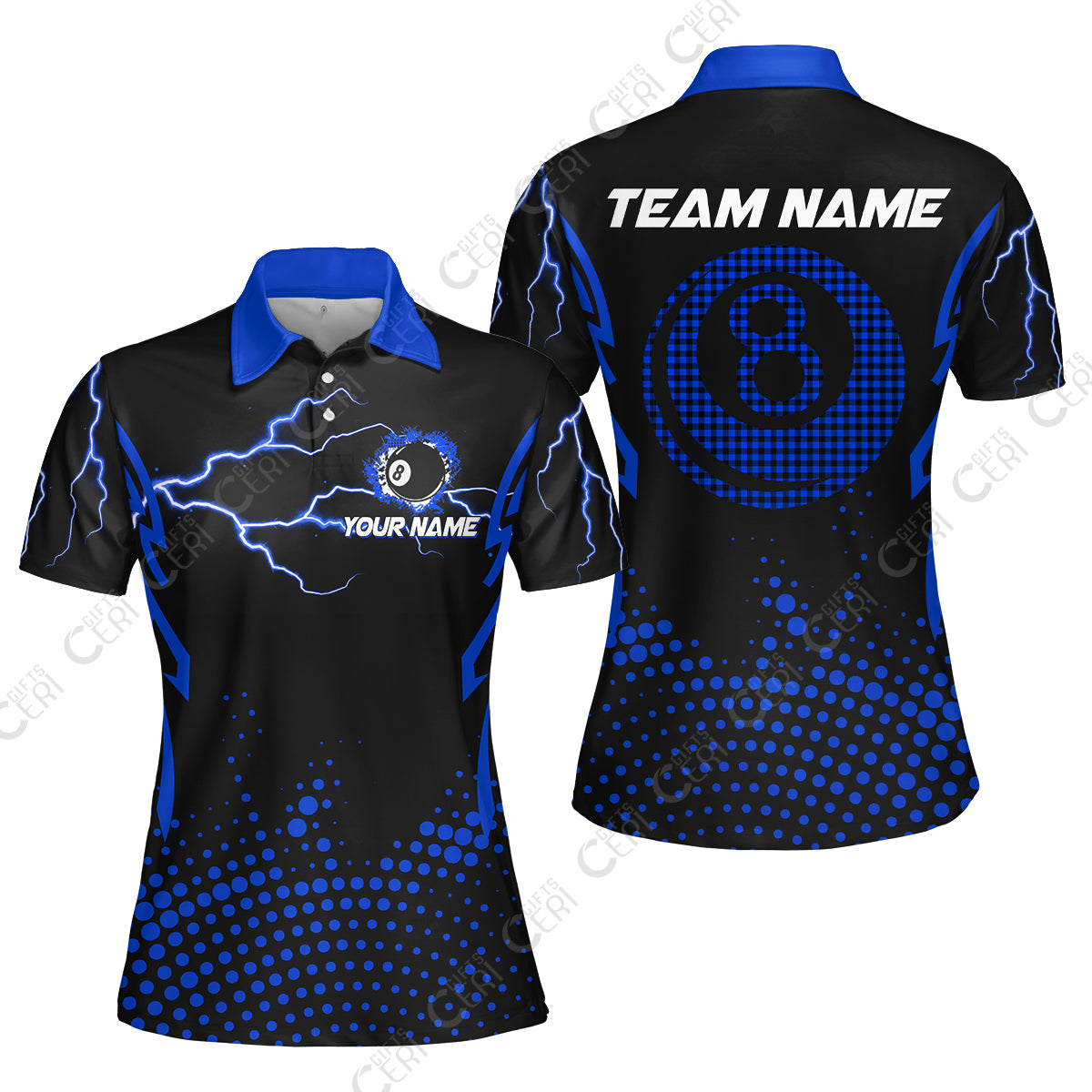 Customized Billiards Women Polo Shirt, Lightning Graphics With Dots 8 Ball Pool Jersey