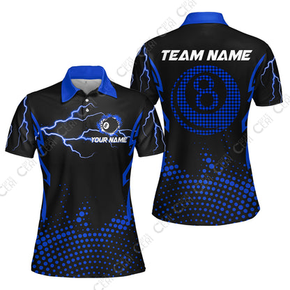 Customized Billiards Women Polo Shirt, Lightning Graphics With Dots 8 Ball Pool Jersey