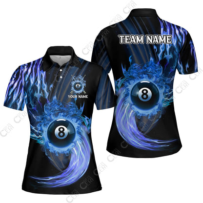 Customized 8 Ball Pool Women Polo Shirt, 8-Ball Swirling Fire And Glowing Smoke, Billiards Jerseys