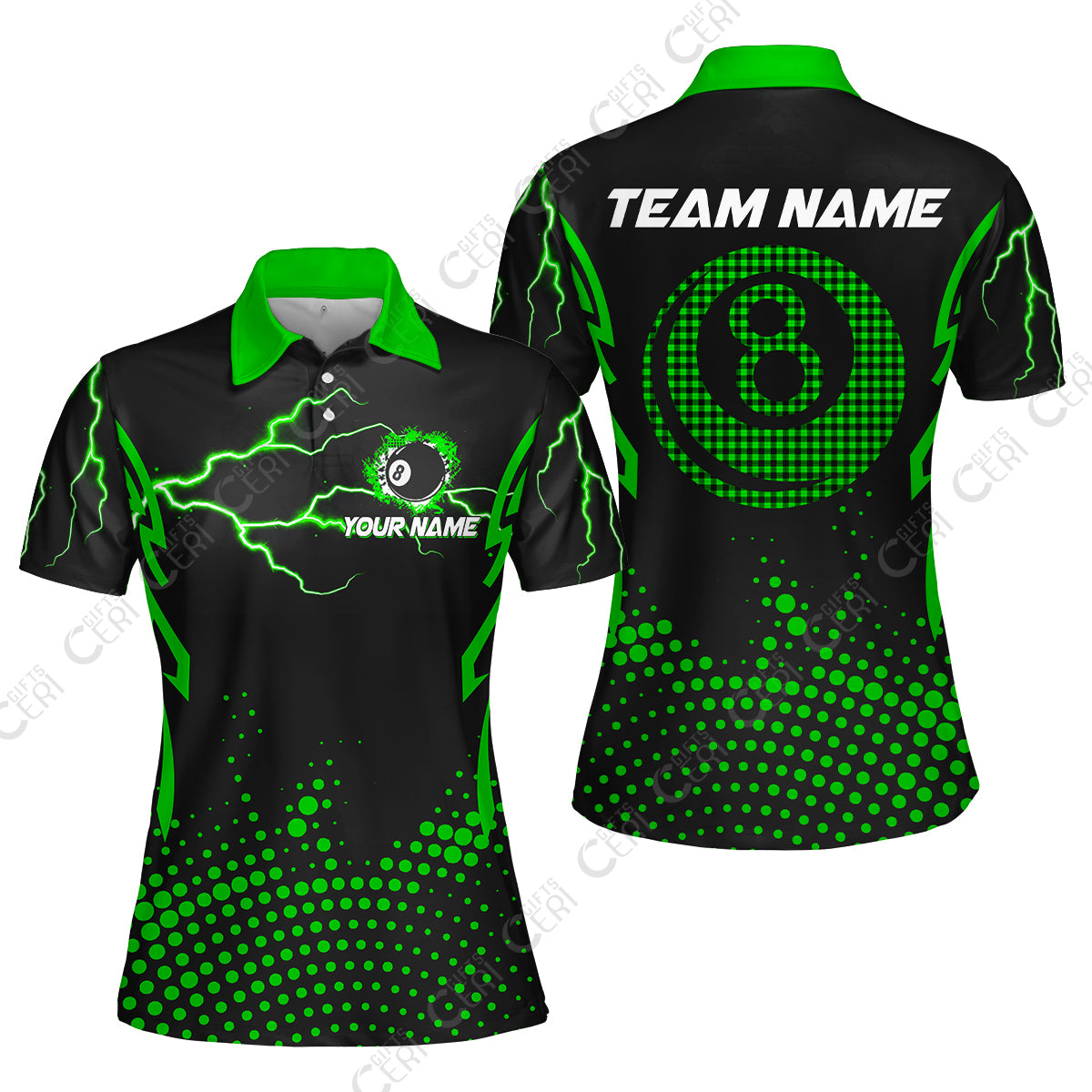 Customized Billiards Women Polo Shirt, Lightning Graphics With Dots 8 Ball Pool Jersey