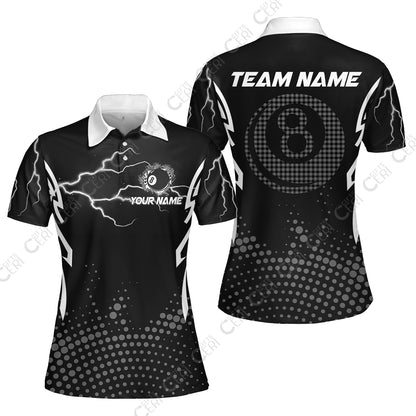 Customized Billiards Women Polo Shirt, Lightning Graphics With Dots 8 Ball Pool Jersey