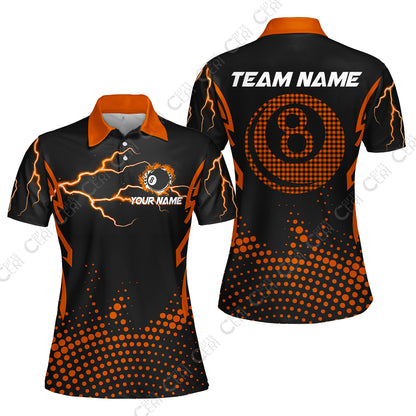 Customized Billiards Women Polo Shirt, Lightning Graphics With Dots 8 Ball Pool Jersey