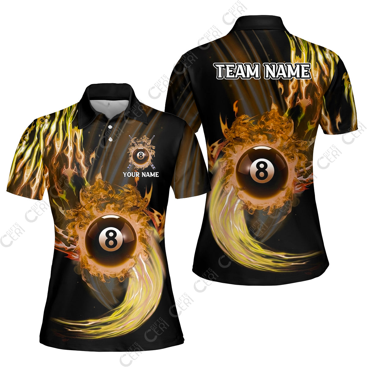 Customized 8 Ball Pool Women Polo Shirt, 8-Ball Swirling Fire And Glowing Smoke, Billiards Jerseys