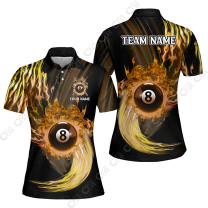 Customized 8 Ball Pool Women Polo Shirt, 8-Ball Swirling Fire And Glowing Smoke, Billiards Jerseys
