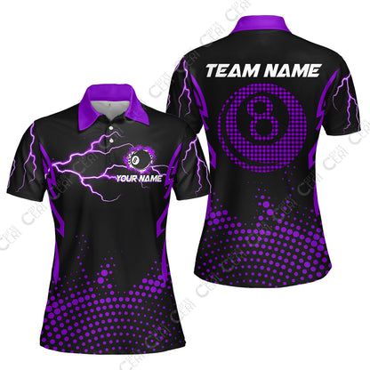 Customized Billiards Women Polo Shirt, Lightning Graphics With Dots 8 Ball Pool Jersey