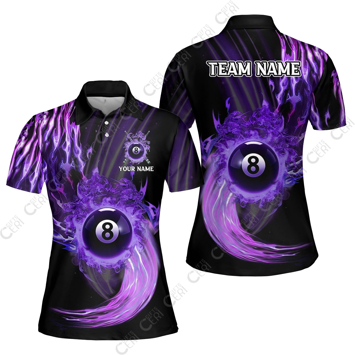 Customized 8 Ball Pool Women Polo Shirt, 8-Ball Swirling Fire And Glowing Smoke, Billiards Jerseys