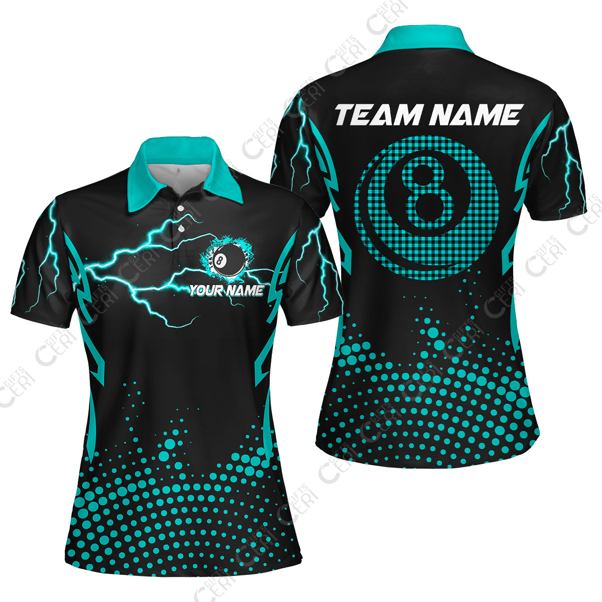 Customized Billiards Women Polo Shirt, Lightning Graphics With Dots 8 Ball Pool Jersey