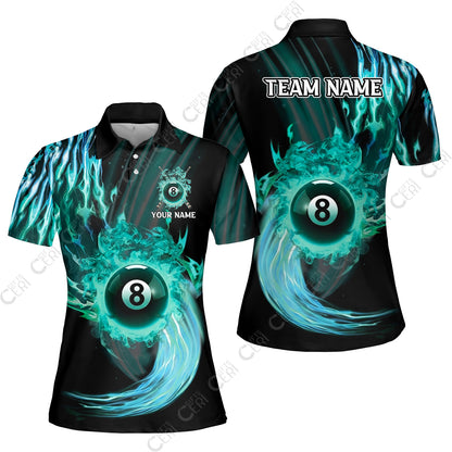 Customized 8 Ball Pool Women Polo Shirt, 8-Ball Swirling Fire And Glowing Smoke, Billiards Jerseys