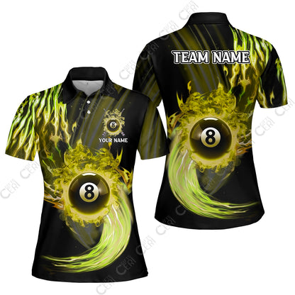 Customized 8 Ball Pool Women Polo Shirt, 8-Ball Swirling Fire And Glowing Smoke, Billiards Jerseys