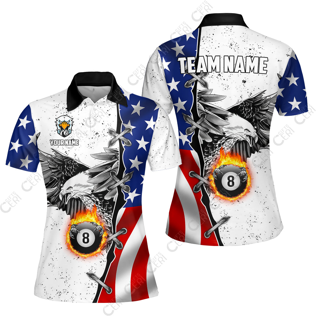 Customized Billiards Women Polo Shirt, US Flag White Eagle Flame Pin Dust Pattern Personalized Billiard 8 Ball Jersey