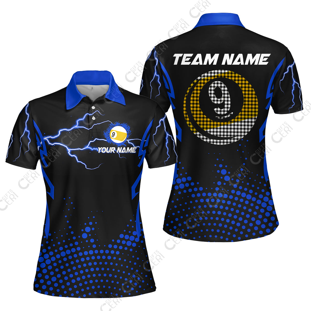 Customized Billiards Women Polo Shirt, Lightning Graphics With Dots 9 Ball Pool Jersey