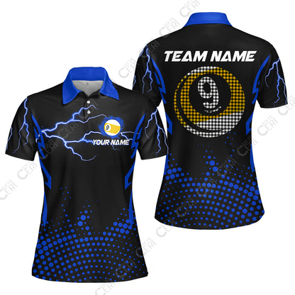 Customized Billiards Women Polo Shirt, Lightning Graphics With Dots 9 Ball Pool Jersey