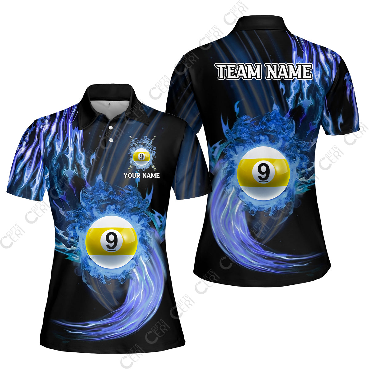 Customized 9 Ball Pool Women Polo Shirt, 9-Ball Swirling Fire And Glowing Smoke, Billiards Jerseys
