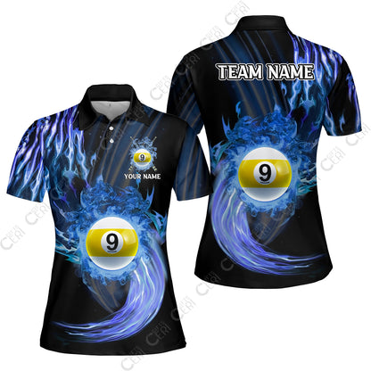 Customized 9 Ball Pool Women Polo Shirt, 9-Ball Swirling Fire And Glowing Smoke, Billiards Jerseys