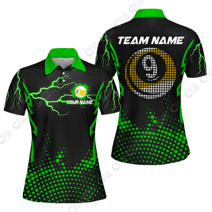 Customized Billiards Women Polo Shirt, Lightning Graphics With Dots 9 Ball Pool Jersey