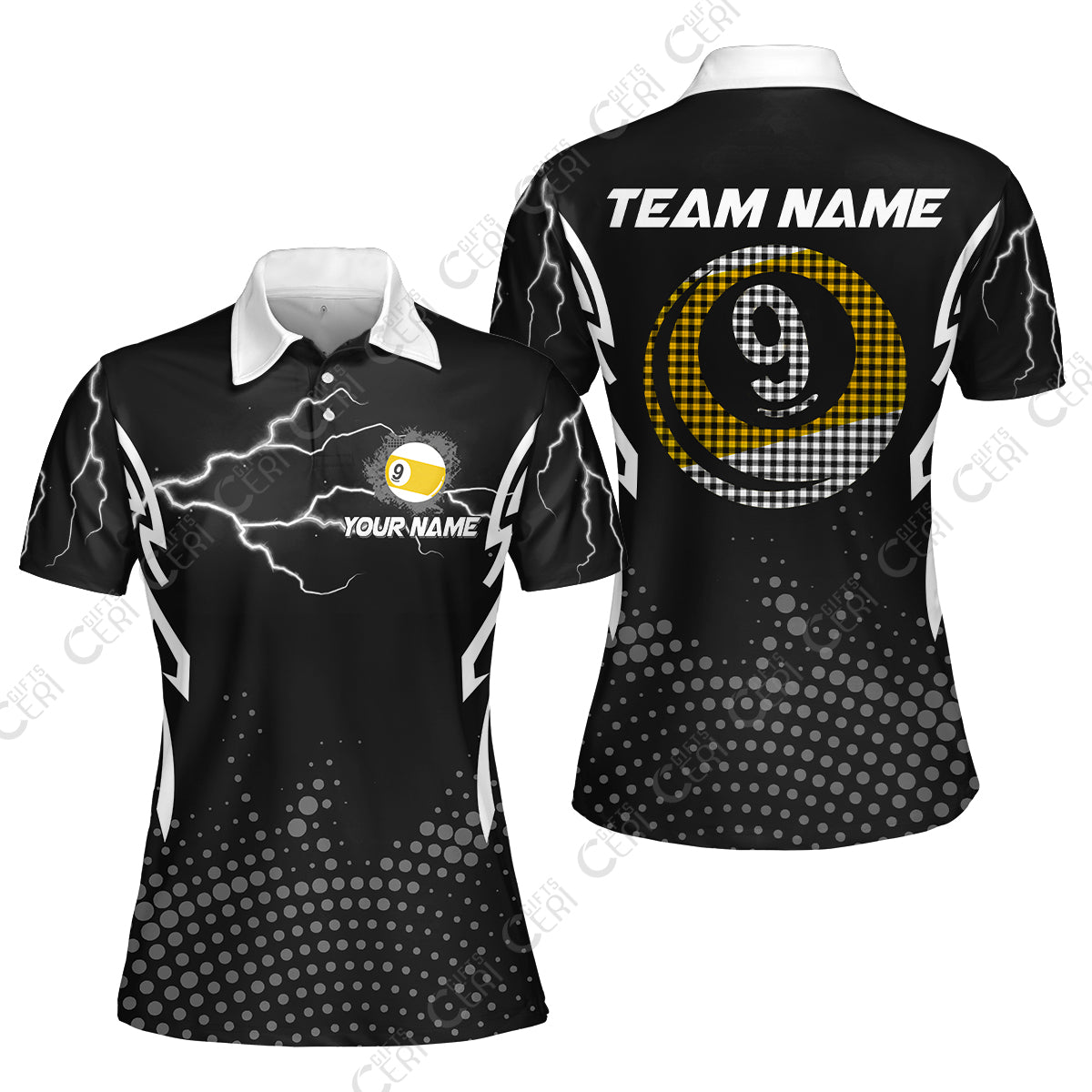 Customized Billiards Women Polo Shirt, Lightning Graphics With Dots 9 Ball Pool Jersey